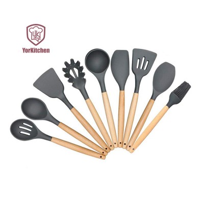 Wooden silicone kitchen utensils set 9 Pieces Silicon Kitchen Utensils with Wooden Handle